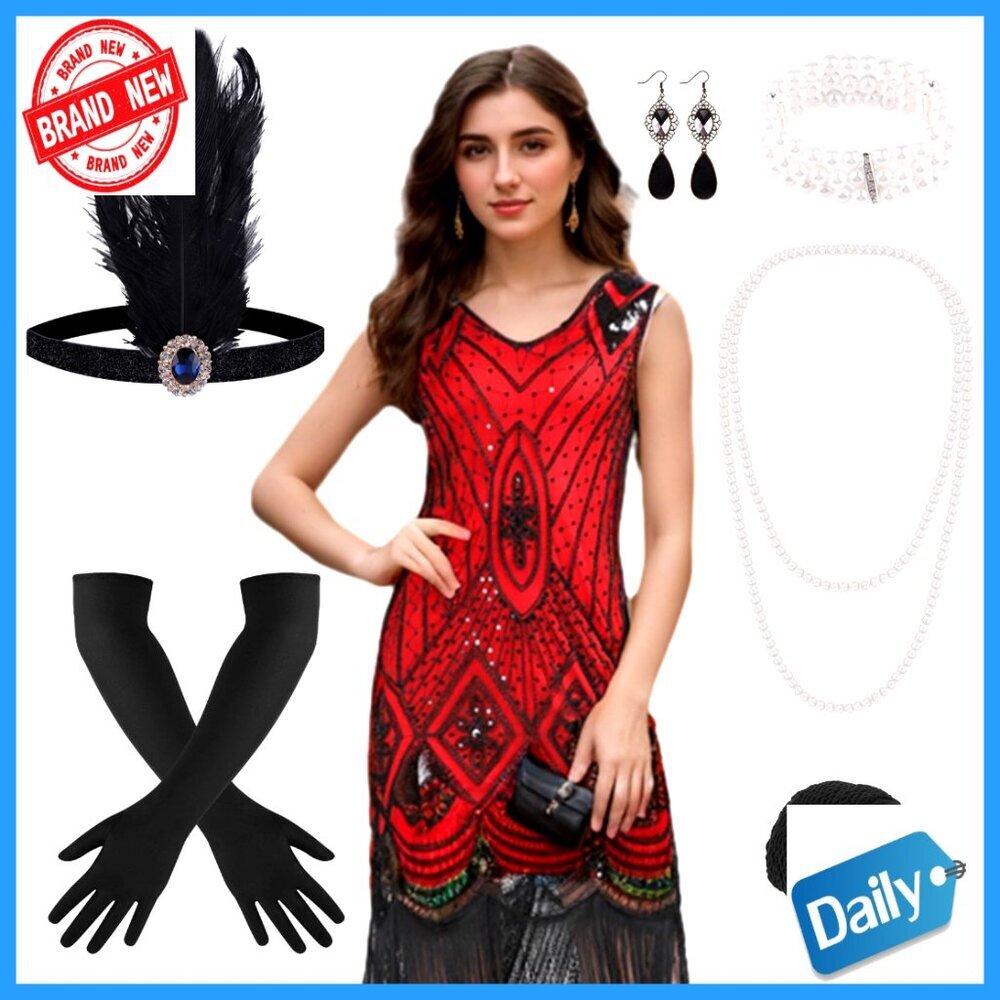 Sequin Fringe Flapper Cocktail Dress with Accessories Set, Medium